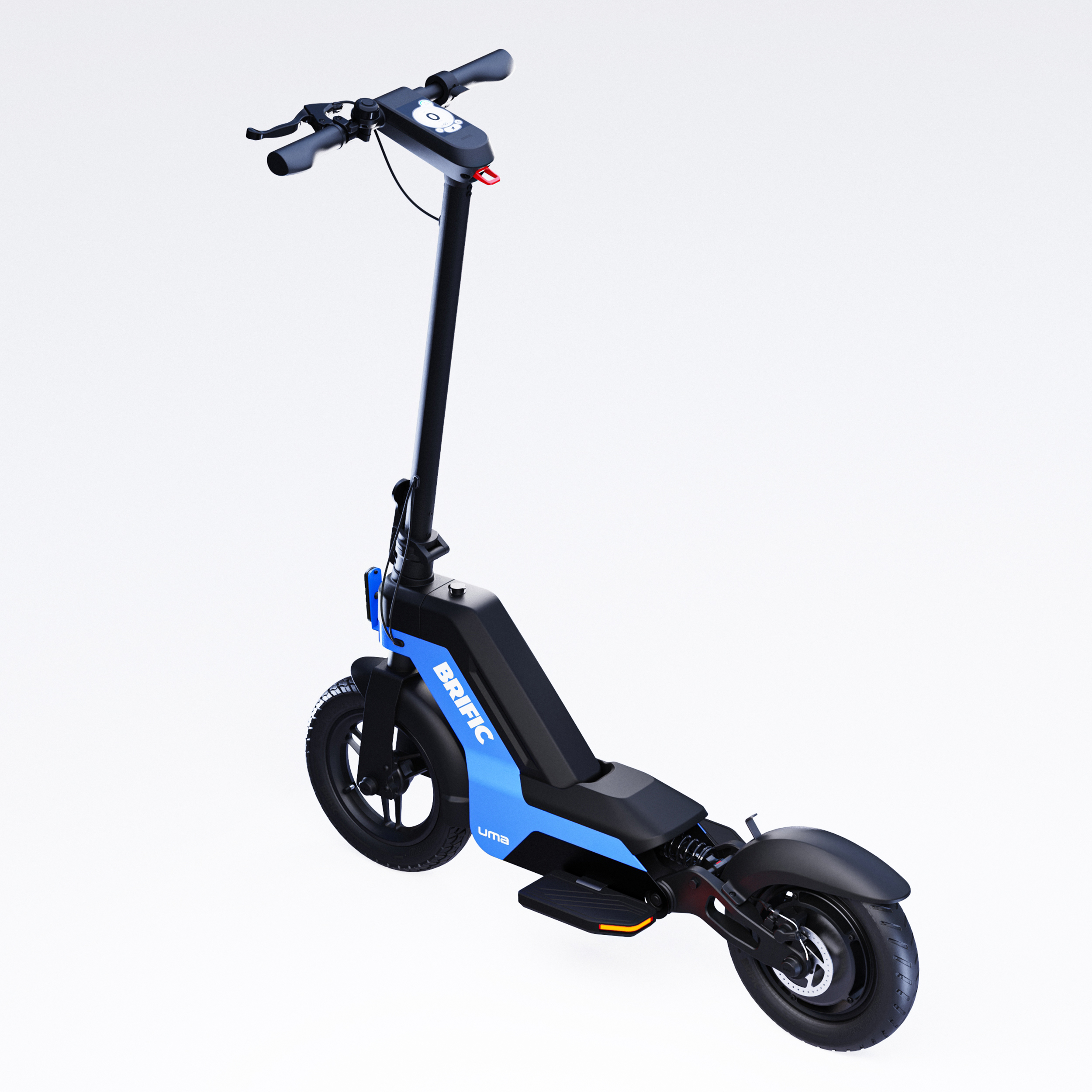 Beyaz bir arka plan üzerinde mavi ve siyah bir elektrikli scooter.
