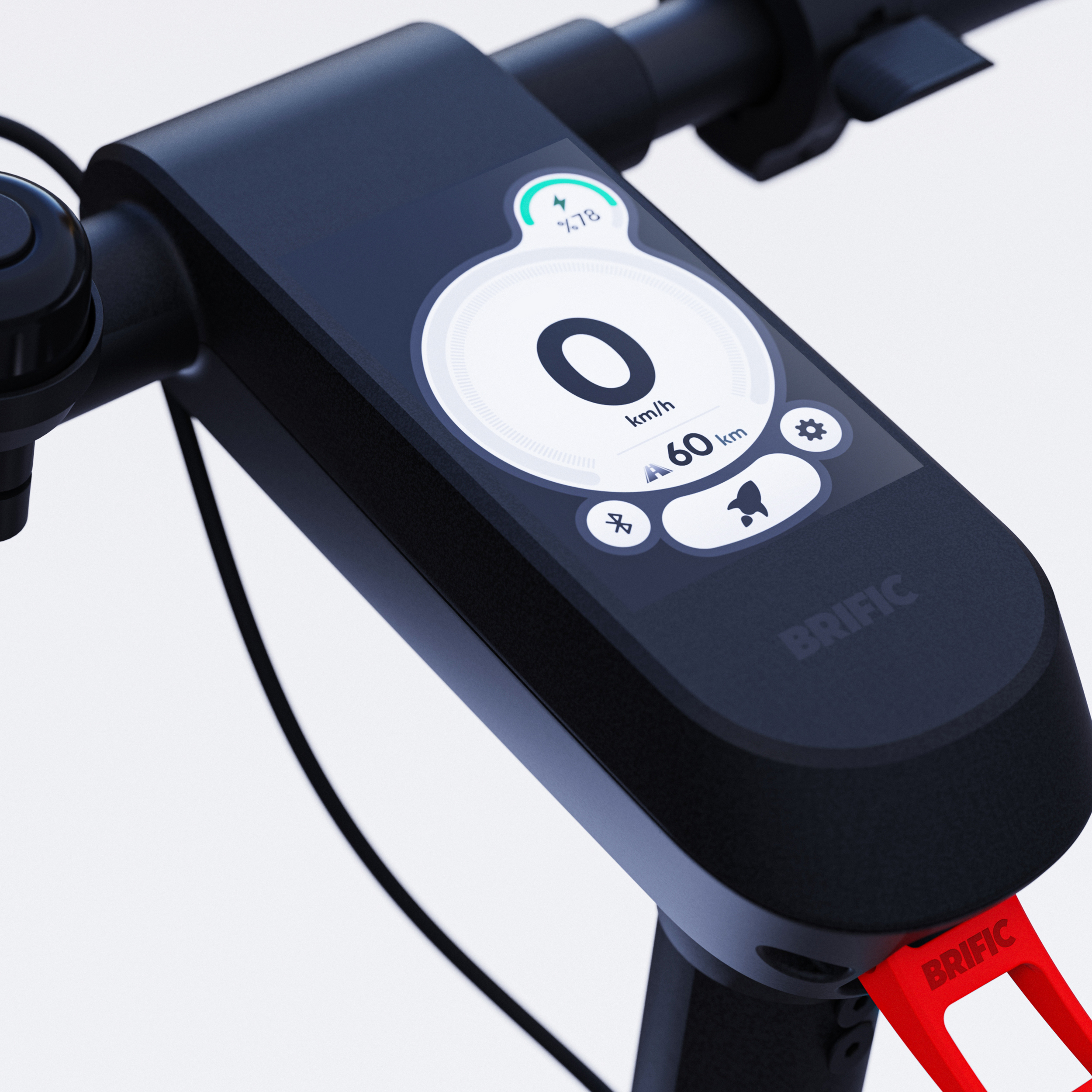Hız, pil ve ayarları gösteren dijital ekrana sahip bir e-scooter gidonunun yakın çekimi.