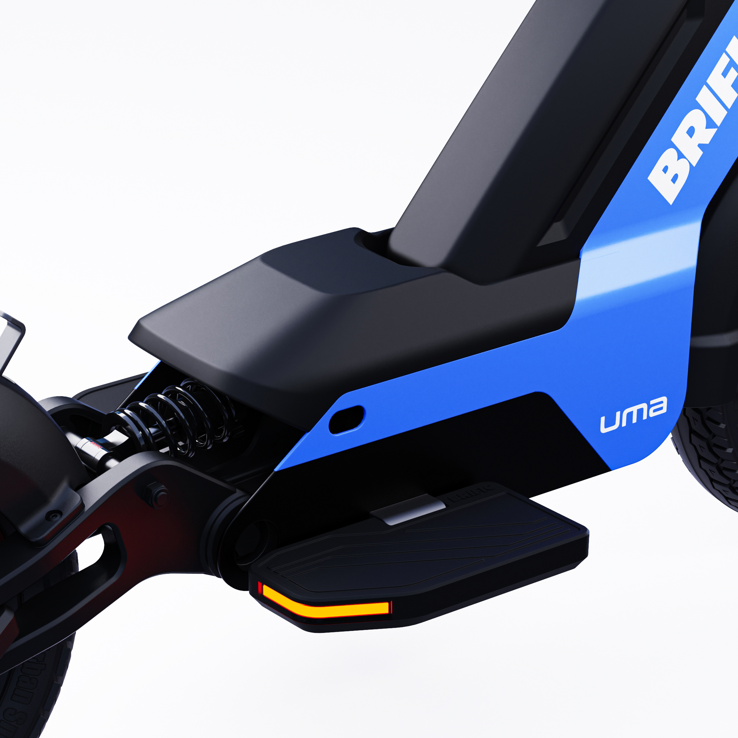 Elektrikli scooter'ın ayak dayama yeri ve süspansiyonunun yakın çekimi, mavi ve siyah tasarım.