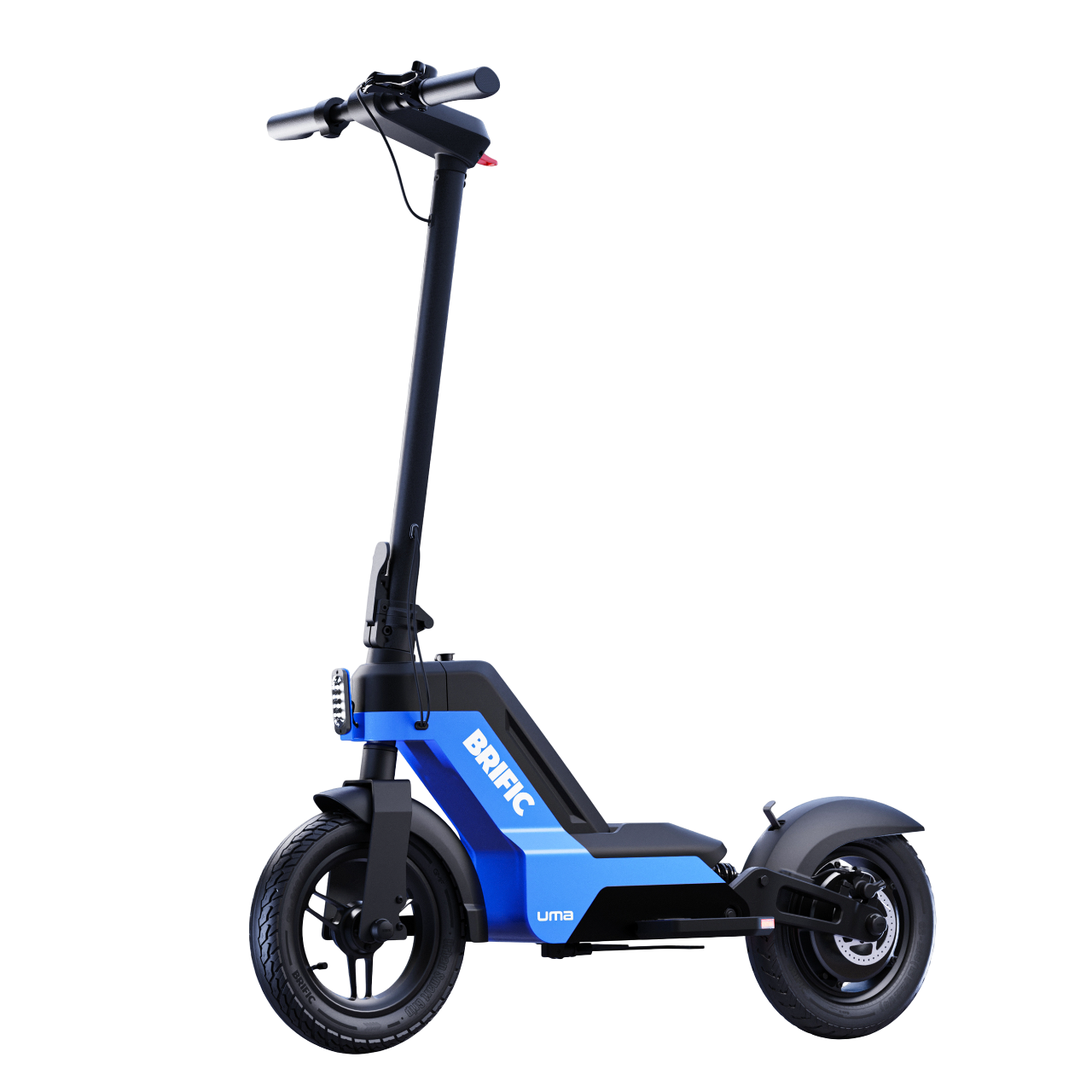 Siyah arka planlı, tasarım detaylarını gösteren mavi ve siyah elektrikli scooter.