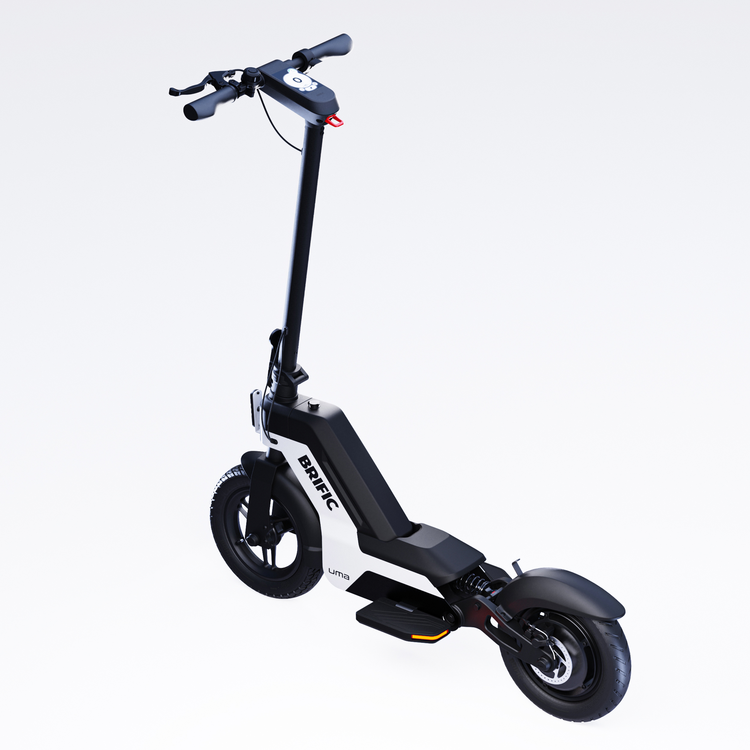Beyaz ve siyah bir elektrikli scooter. Scooter beyaz bir arka plan üzerinde.