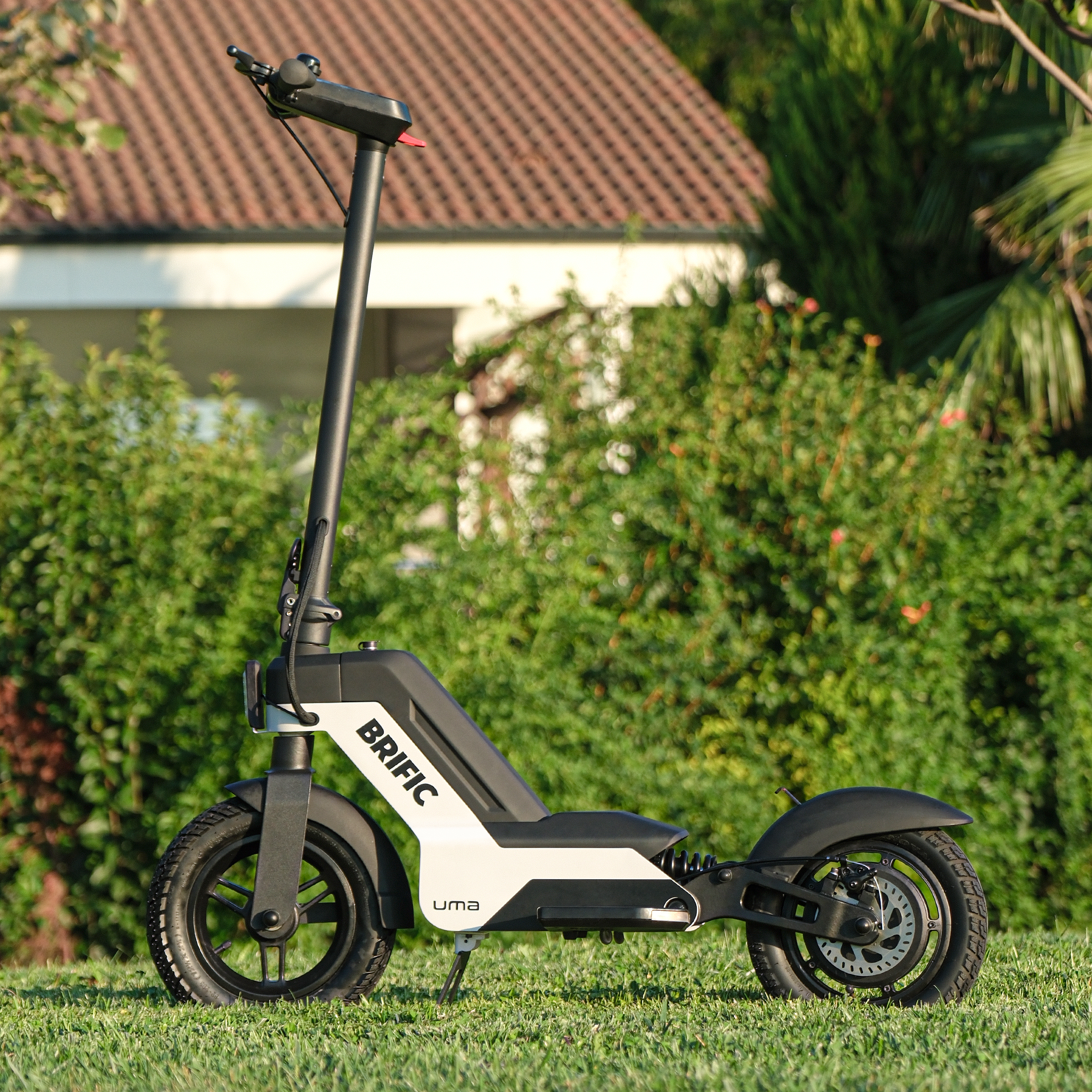 Elektrikli scooter, beyaz ve siyah, yeşil çimen üzerinde. Arka planda ev ve çalılar.