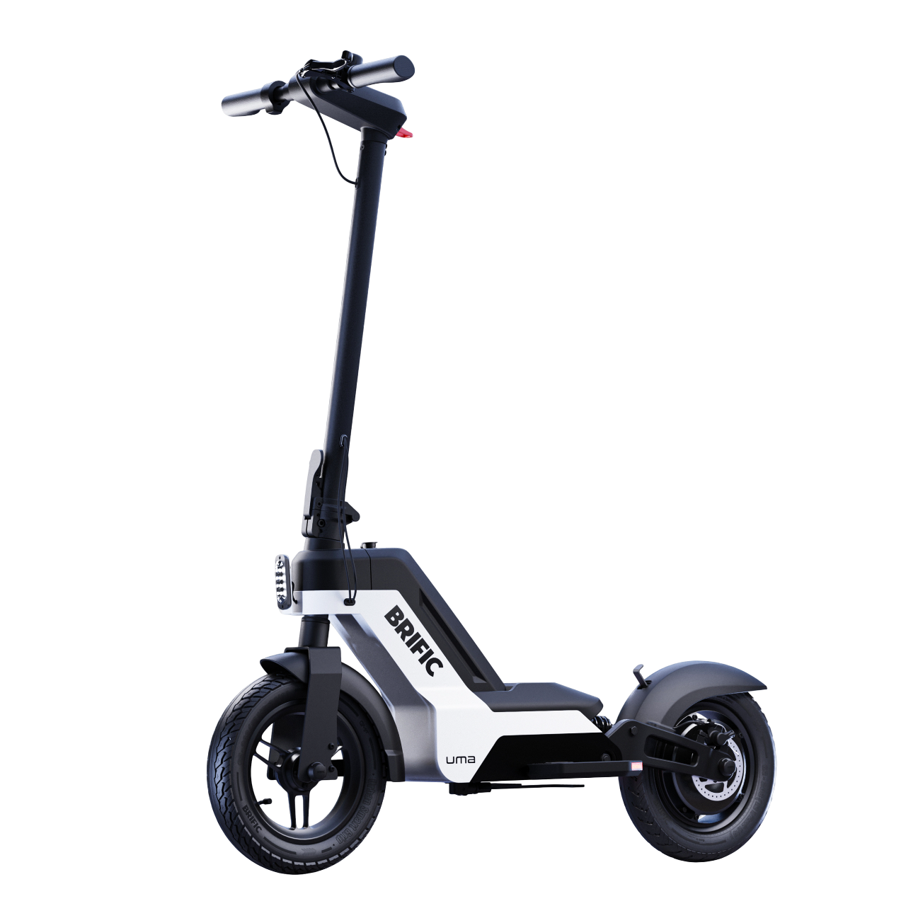 Siyah arka plan üzerinde siyah beyaz elektrikli scooter, BIFIC logosu ile.
