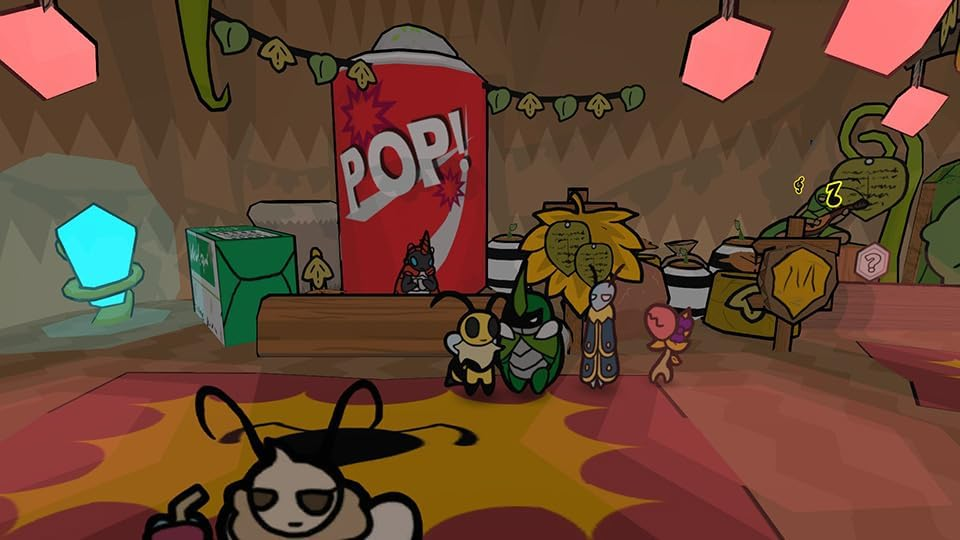 Escena interior estilo cartoon. Varios personajes de dibujos animados frente a un bar con un letrero POP!