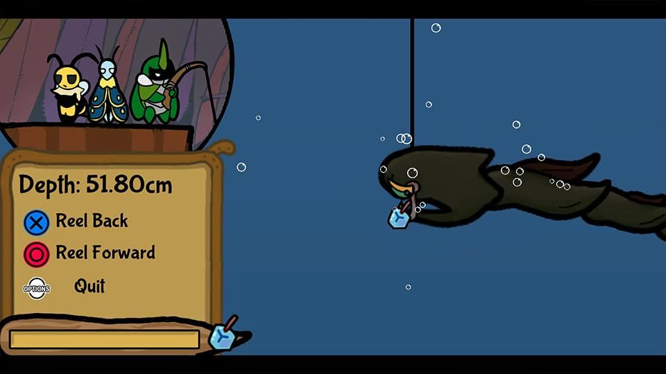 Una imagen de dibujos animados de un juego de pesca. Los personajes pescan, el medidor de profundidad visible.