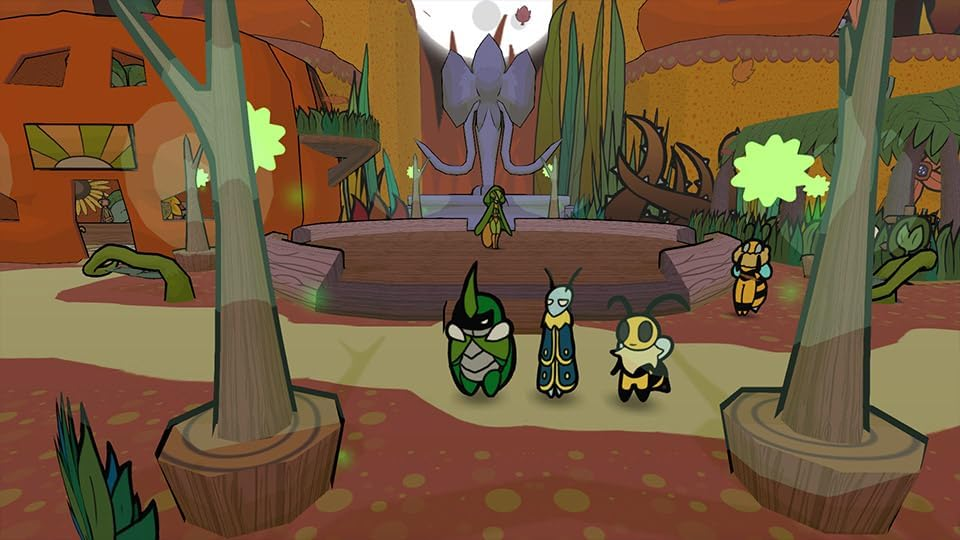 Escena de dibujos animados de criaturas parecidas a insectos y árboles. Suelo rojizo, personajes coloridos.