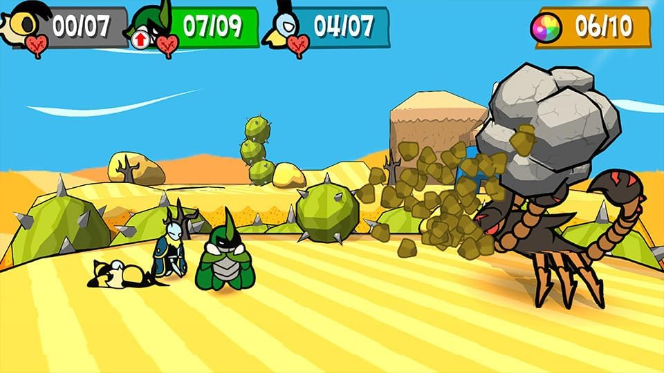 Una escena de juego de dibujos animados con personajes luchando en un desierto.