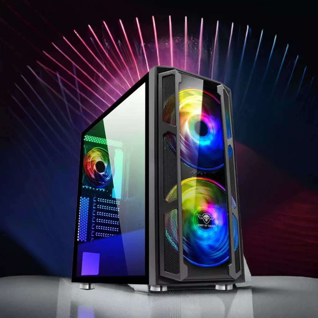 Fekete PC-tok üveg oldallappal. Színes LED-es ventilátorok vannak benne.