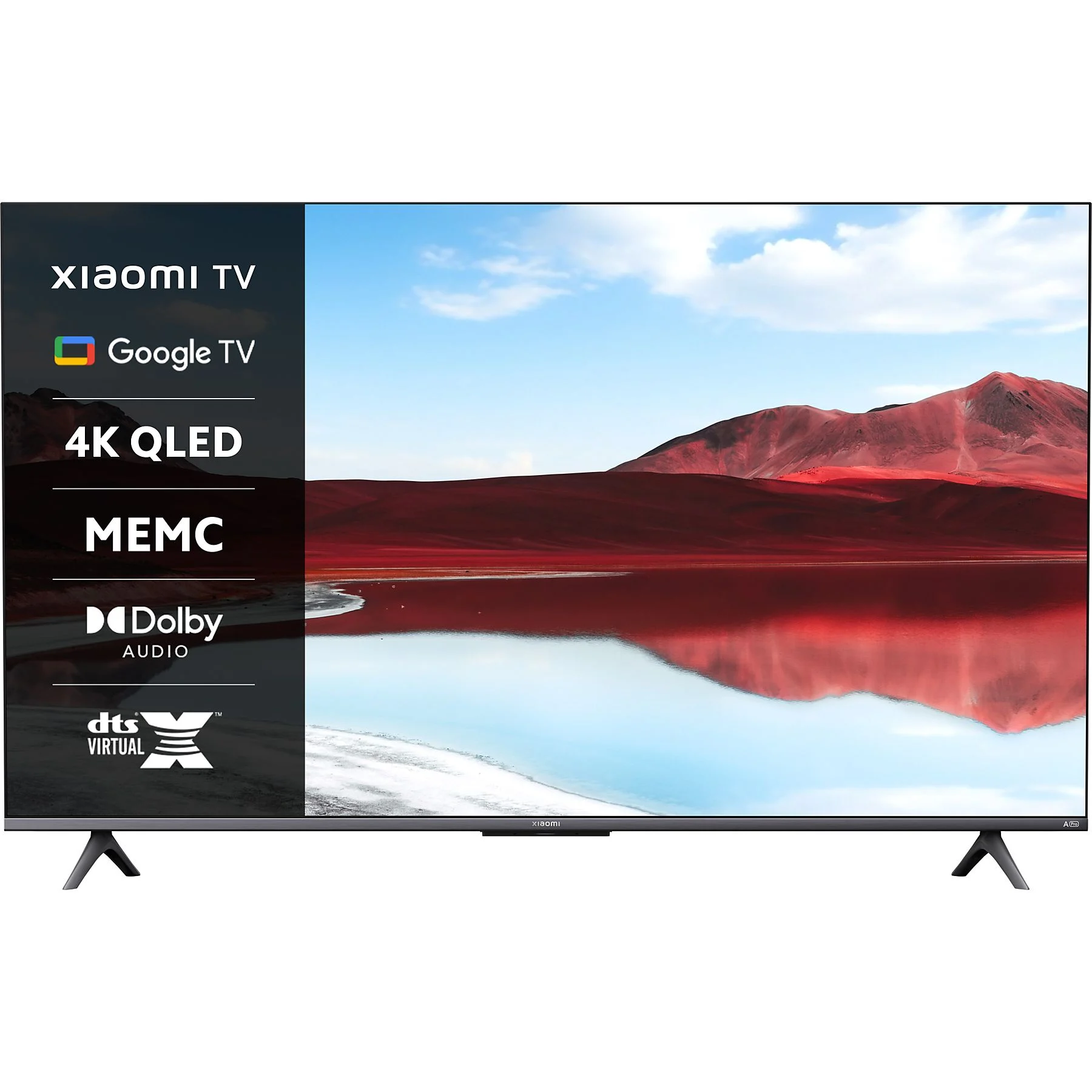 Telewizor Xiaomi z funkcjami Google TV. Telewizor pokazuje czerwony krajobraz z wodą.