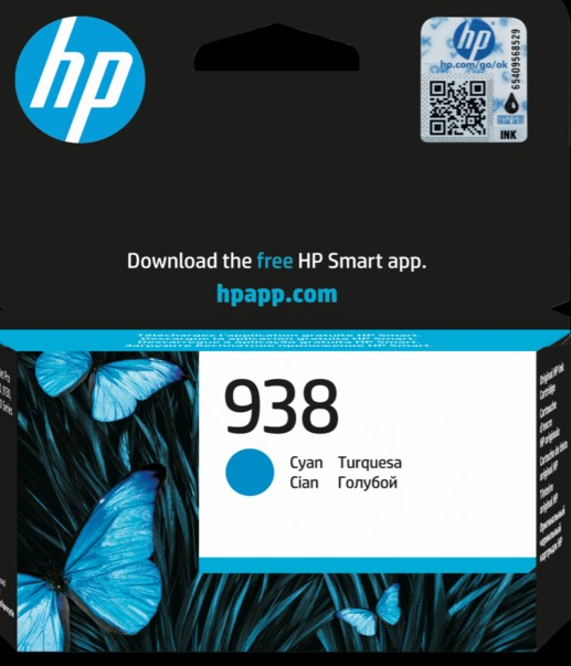 HP 938 Cyan mürekkep kartuşu kutusu. Mavi ve turkuaz renk şeması. Kelebekler ve HP logosu görülebilir.