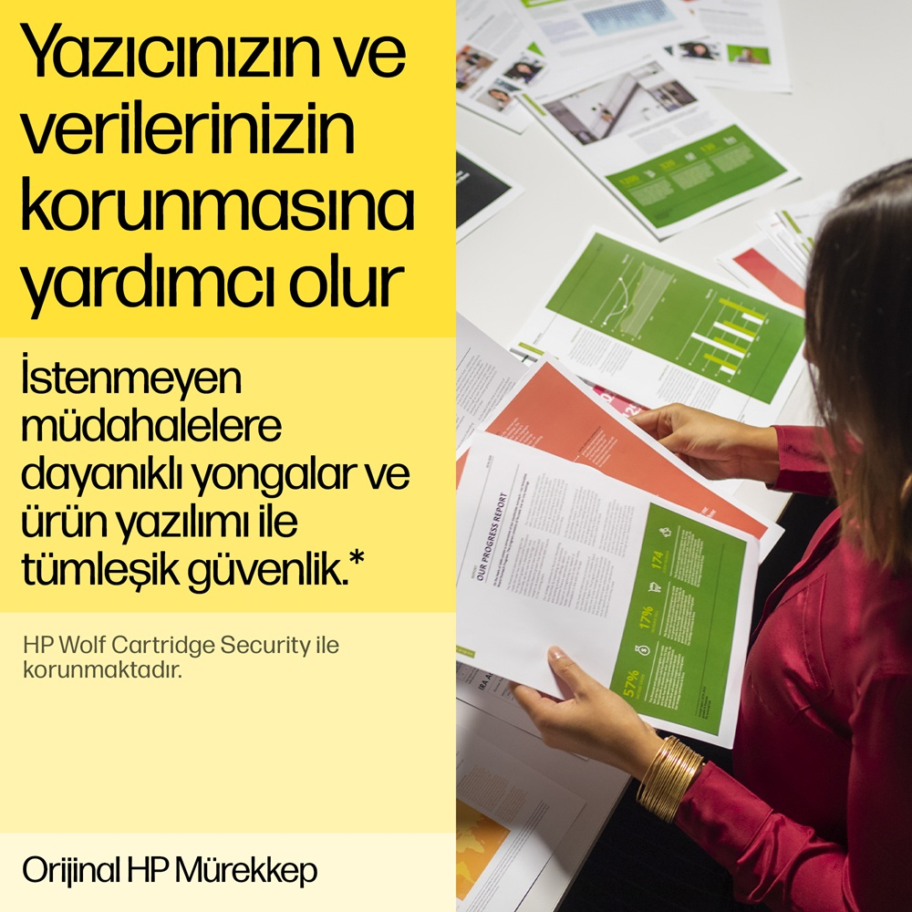 HP Wolf güvenlik özelliklerini tanıtan, yeşil grafikler ve metin içeren kağıtlar tutan bir kadın.