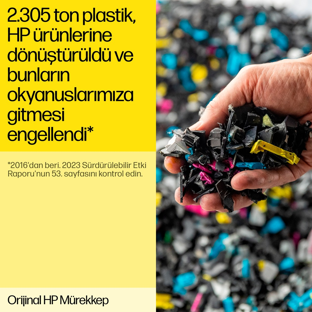 Elinde renkli plastik atık tutan bir el. Geri dönüşüm ve HP mürekkebi hakkında metin.