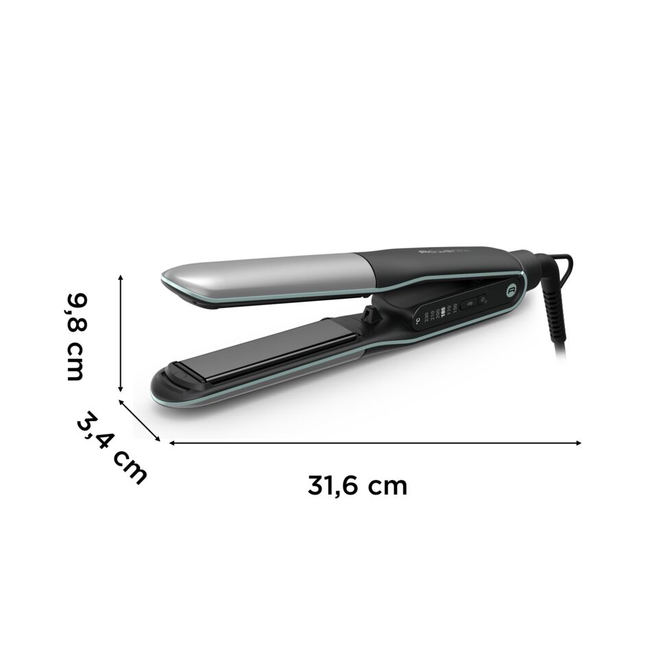Egy hajvasaló, a következő méretekkel: 31,6 cm hosszú, 9,8 cm magas és 3,4 cm széles.