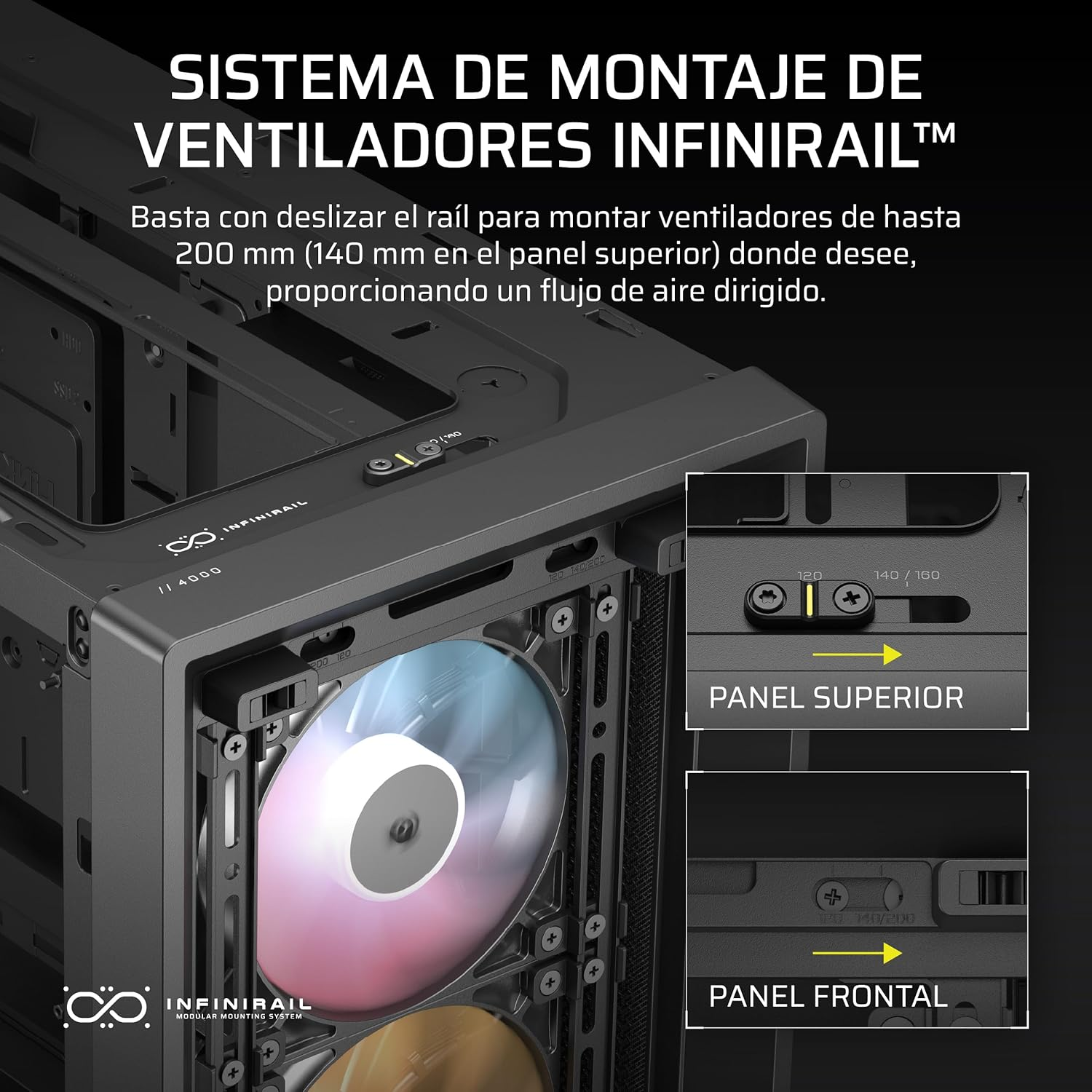 Primer plano de componentes de la caja del ordenador. Muestra detalles de montaje del ventilador y una vista lateral.