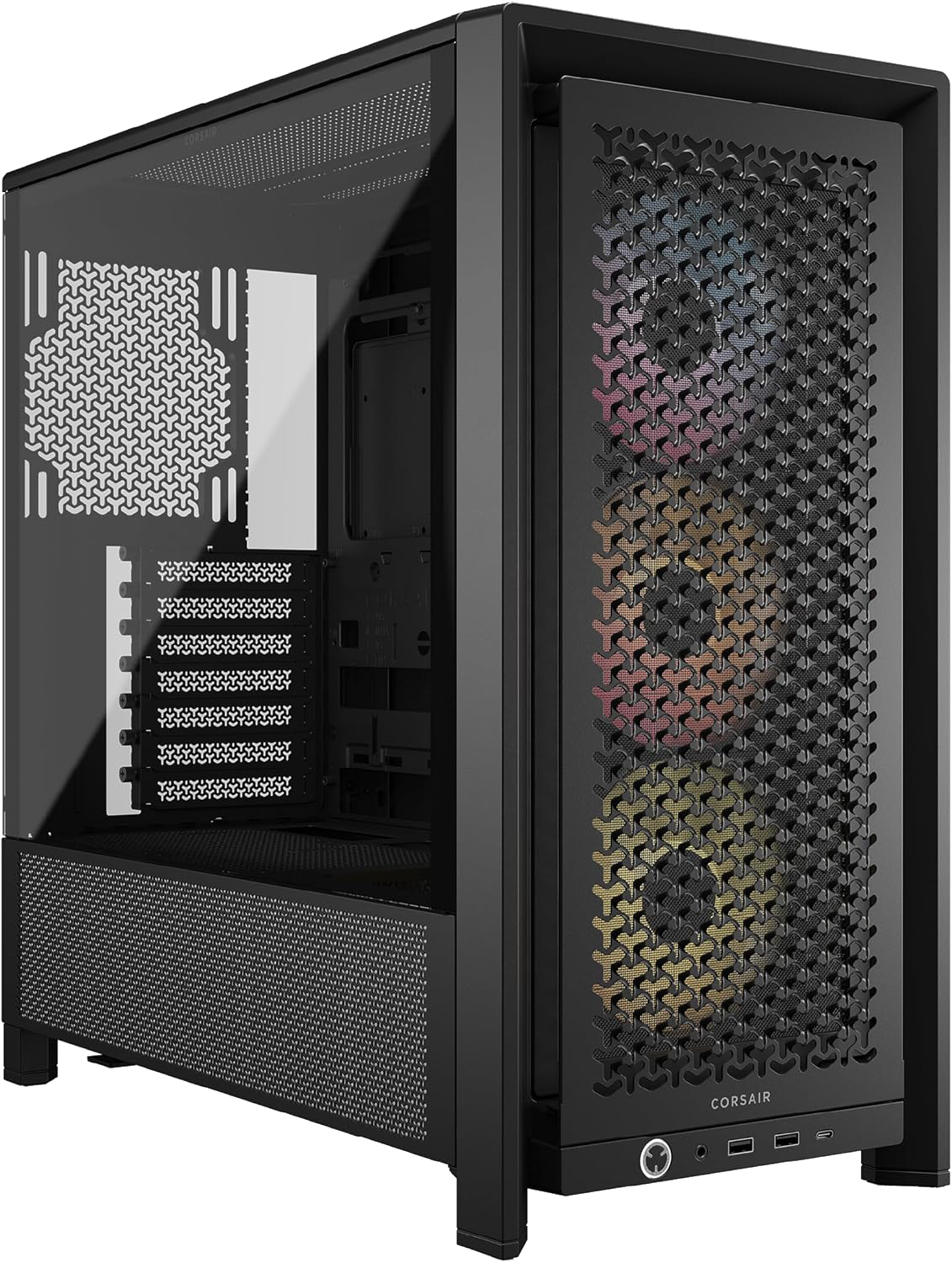 Caja de computadora negra con lado de vidrio. Interior visible, con ventiladores y componentes.