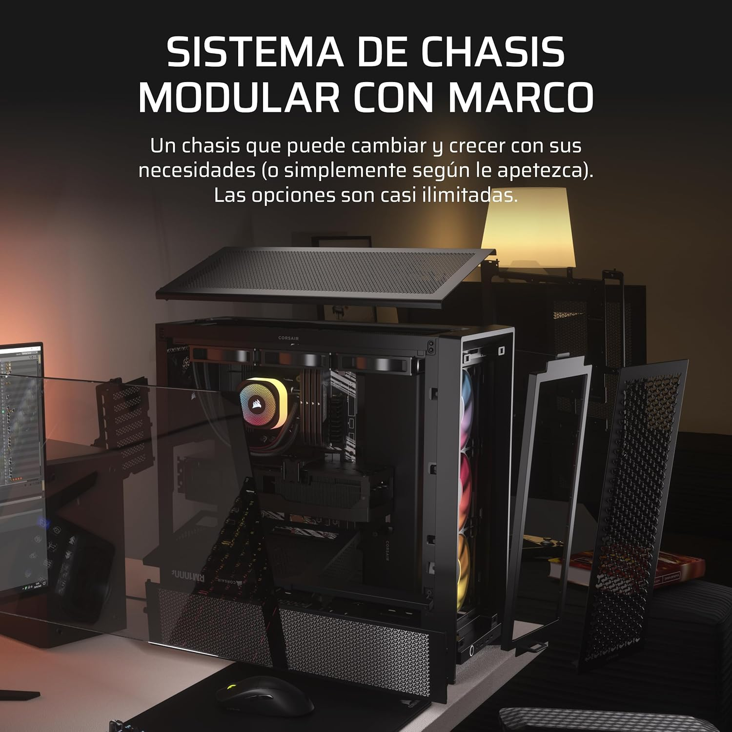 Caja de computadora de escritorio negra, con componentes y panel lateral de vidrio.