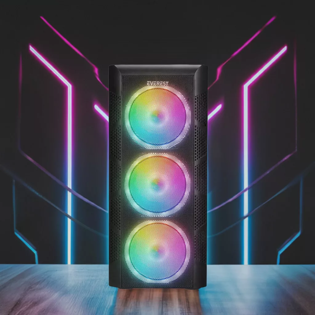 Fekete PC-ház három szivárványos lámpával.
