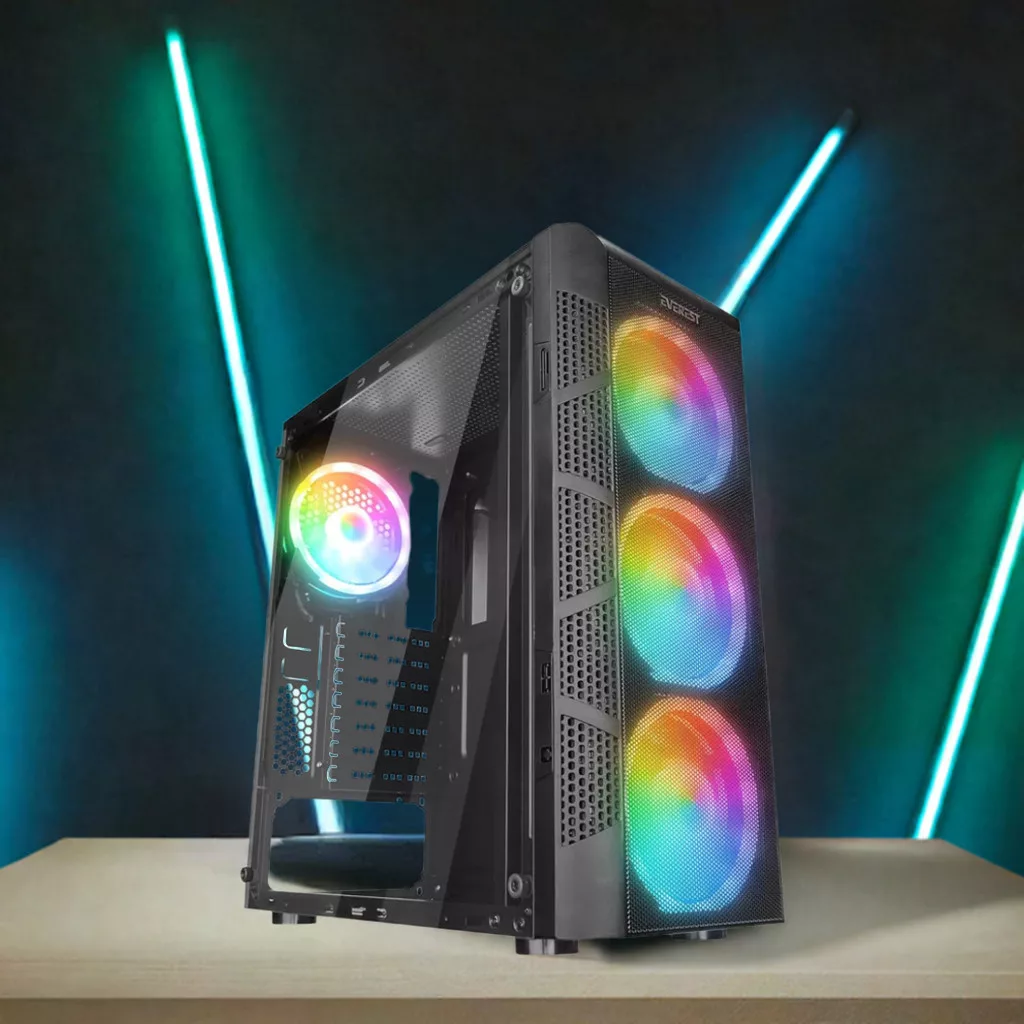Számítógépház színváltó fényekkel megvilágított ventilátorokkal az asztalon.
