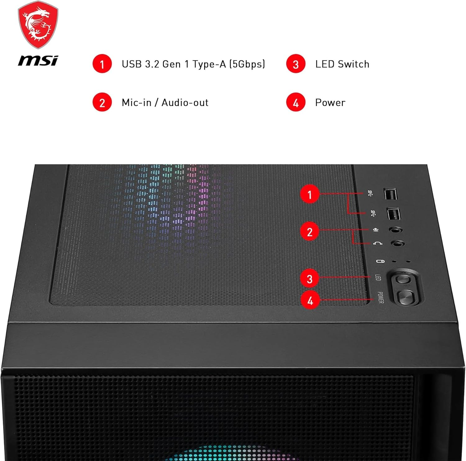 Primer plano de la caja de la computadora con puertos etiquetados. USB, audio y botones de encendido.