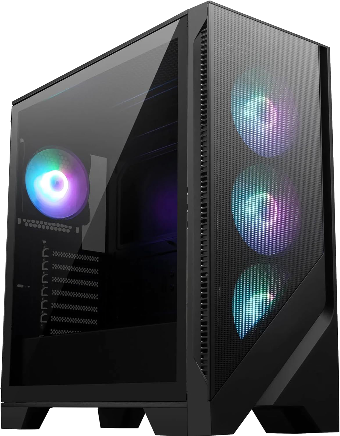 Caja de PC negra con panel lateral de cristal, múltiples ventiladores RGB y panel frontal de malla.