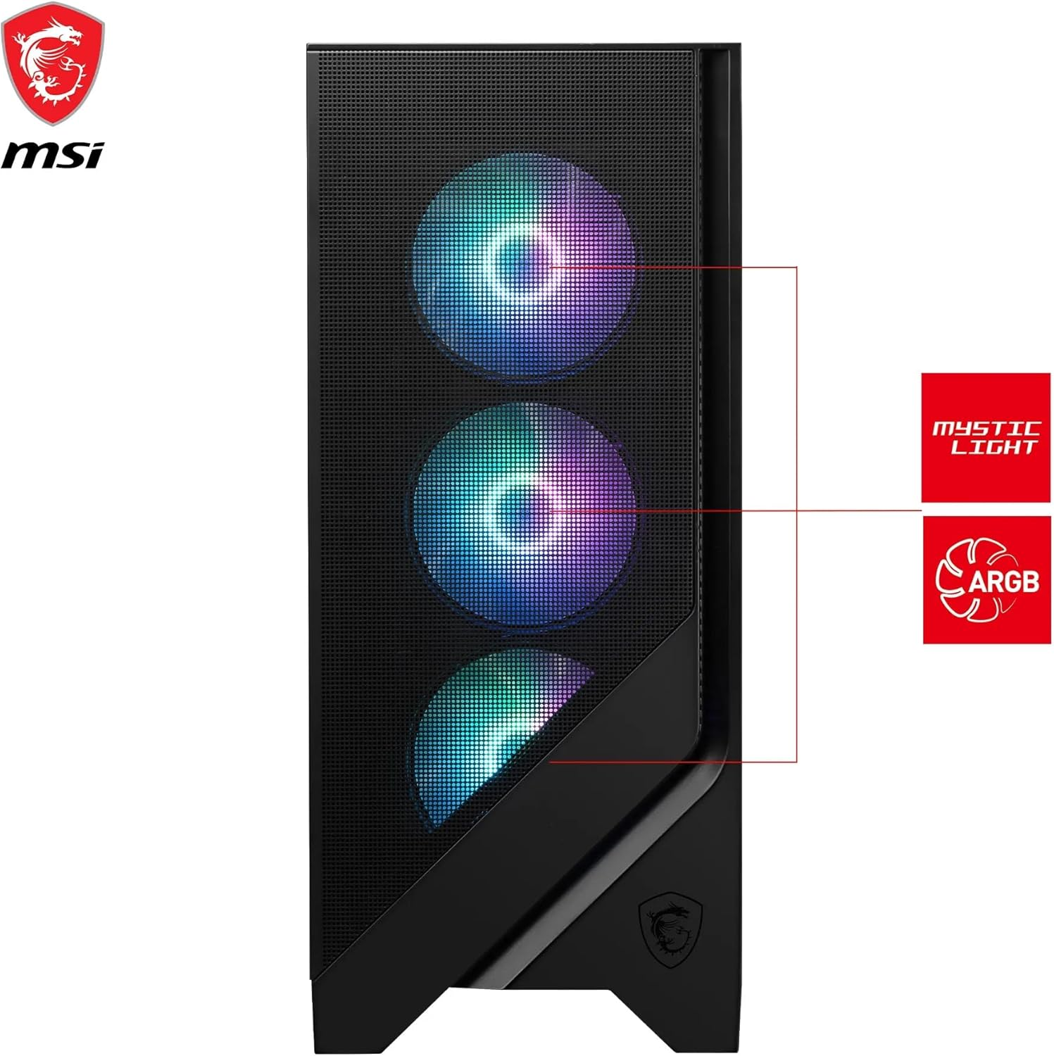 Caja de ordenador negra con tres ventiladores iluminados que muestran colores vibrantes, logotipo de MSI arriba a la izquierda.