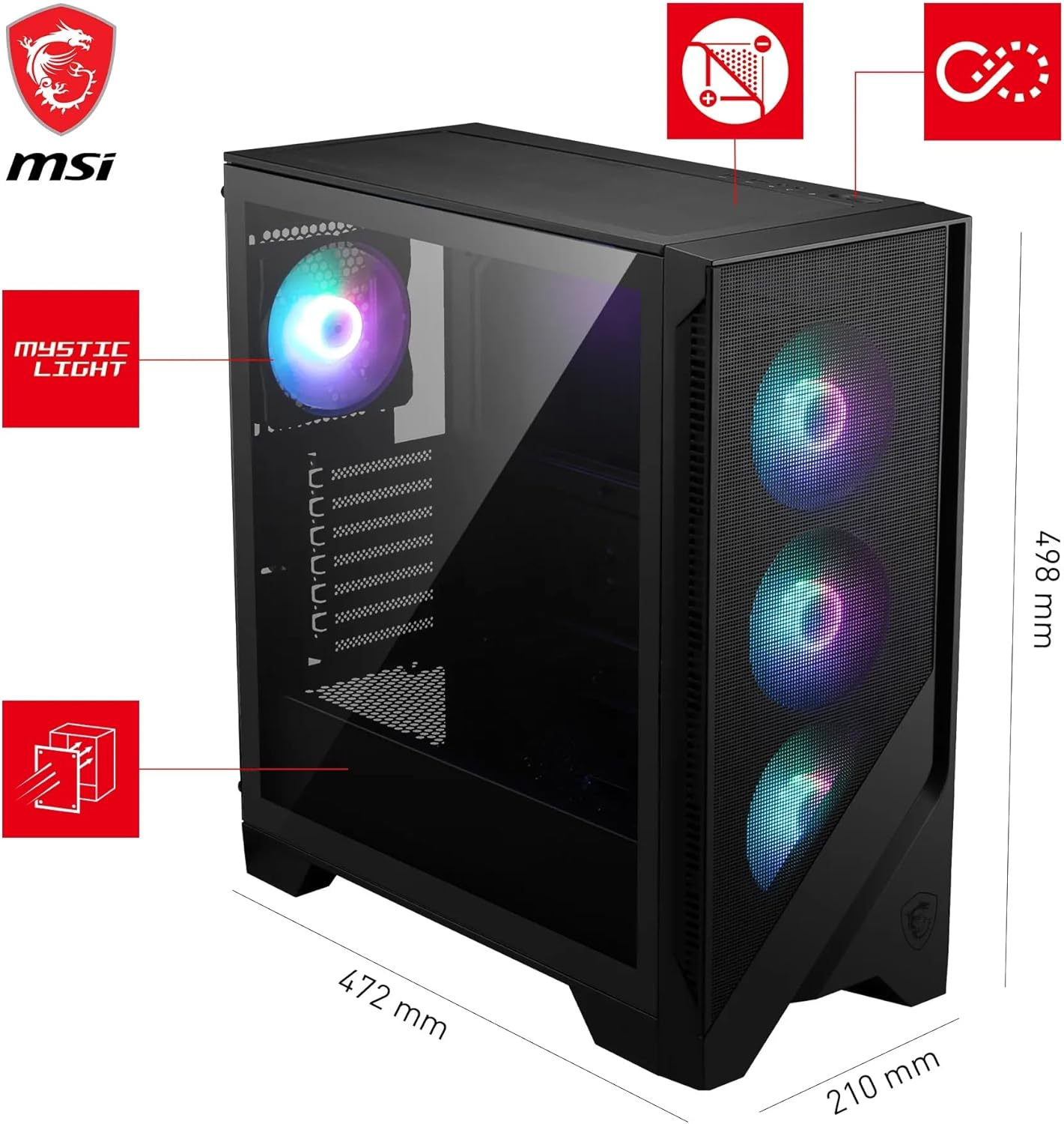 Caja de PC negra con panel lateral transparente, medidas y logotipo de MSI. Ventilador RGB visible.