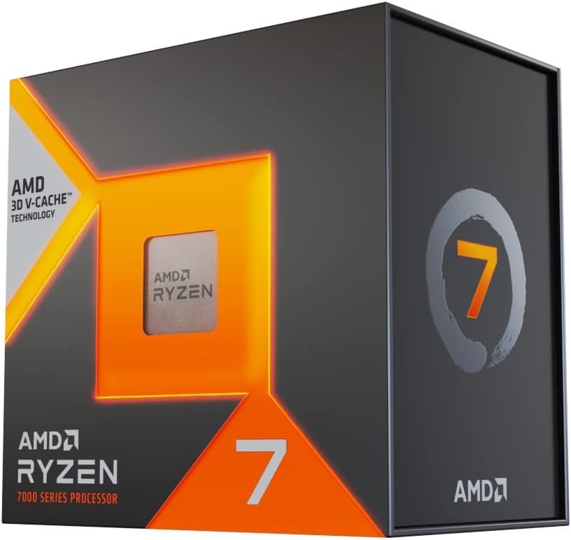 Caja del procesador AMD Ryzen 7, con diseño naranja.