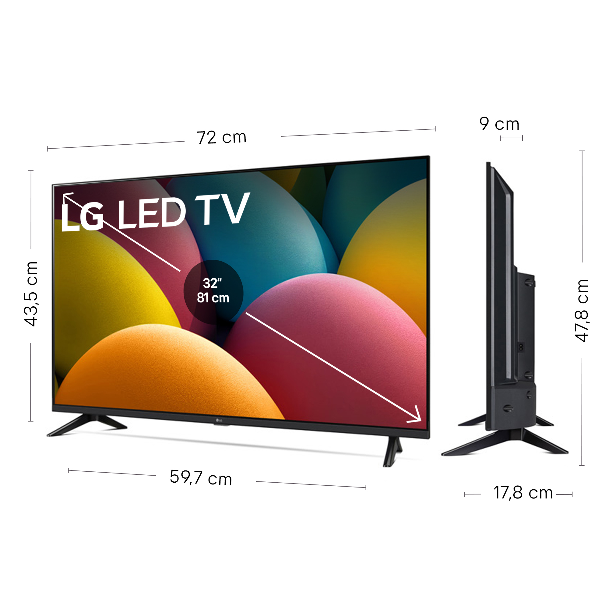 TV LED LG de 32 pulgadas con dimensiones. Pantalla muestra formas abstractas coloridas.