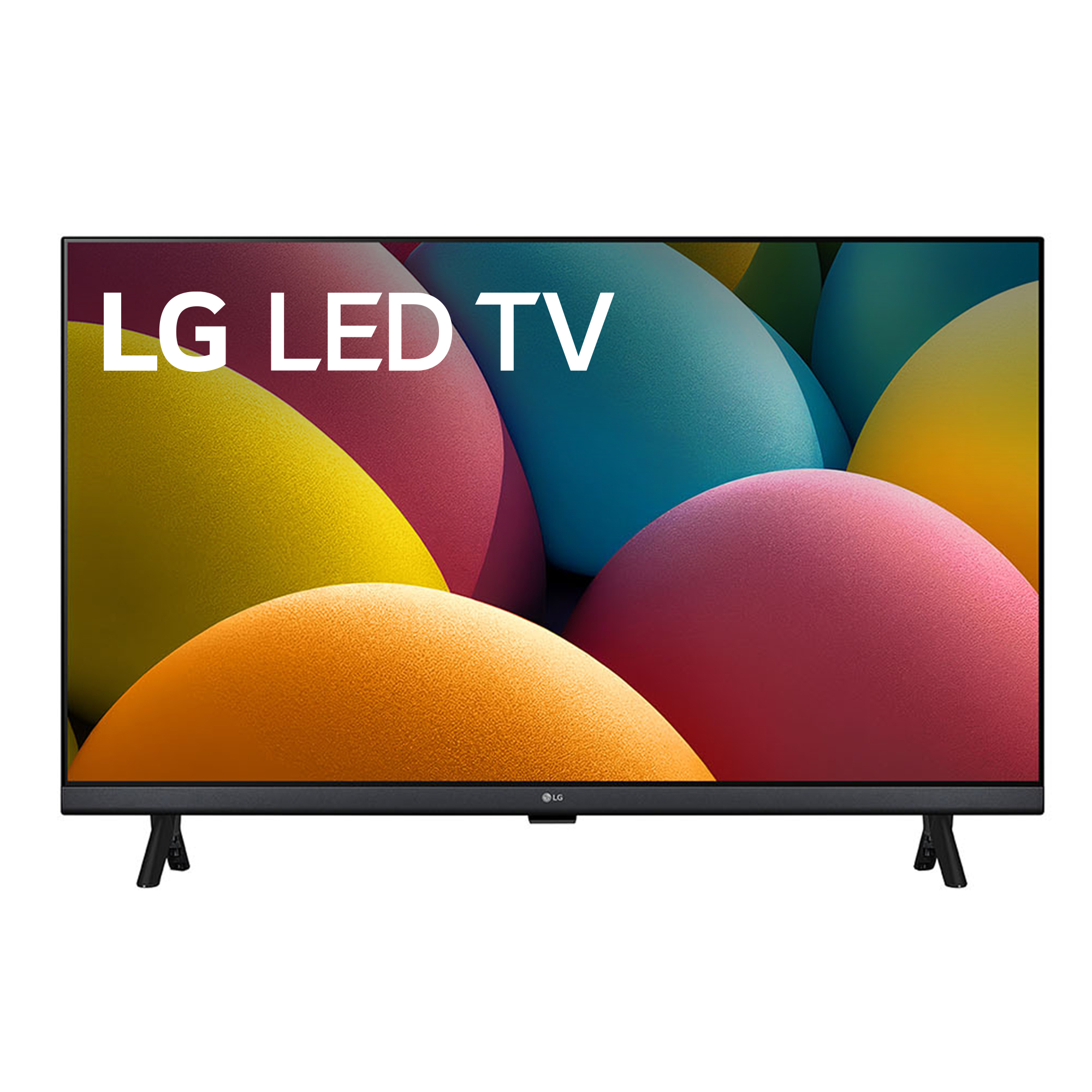 Televisor LED LG sobre un fondo blanco con formas coloridas detrás.
