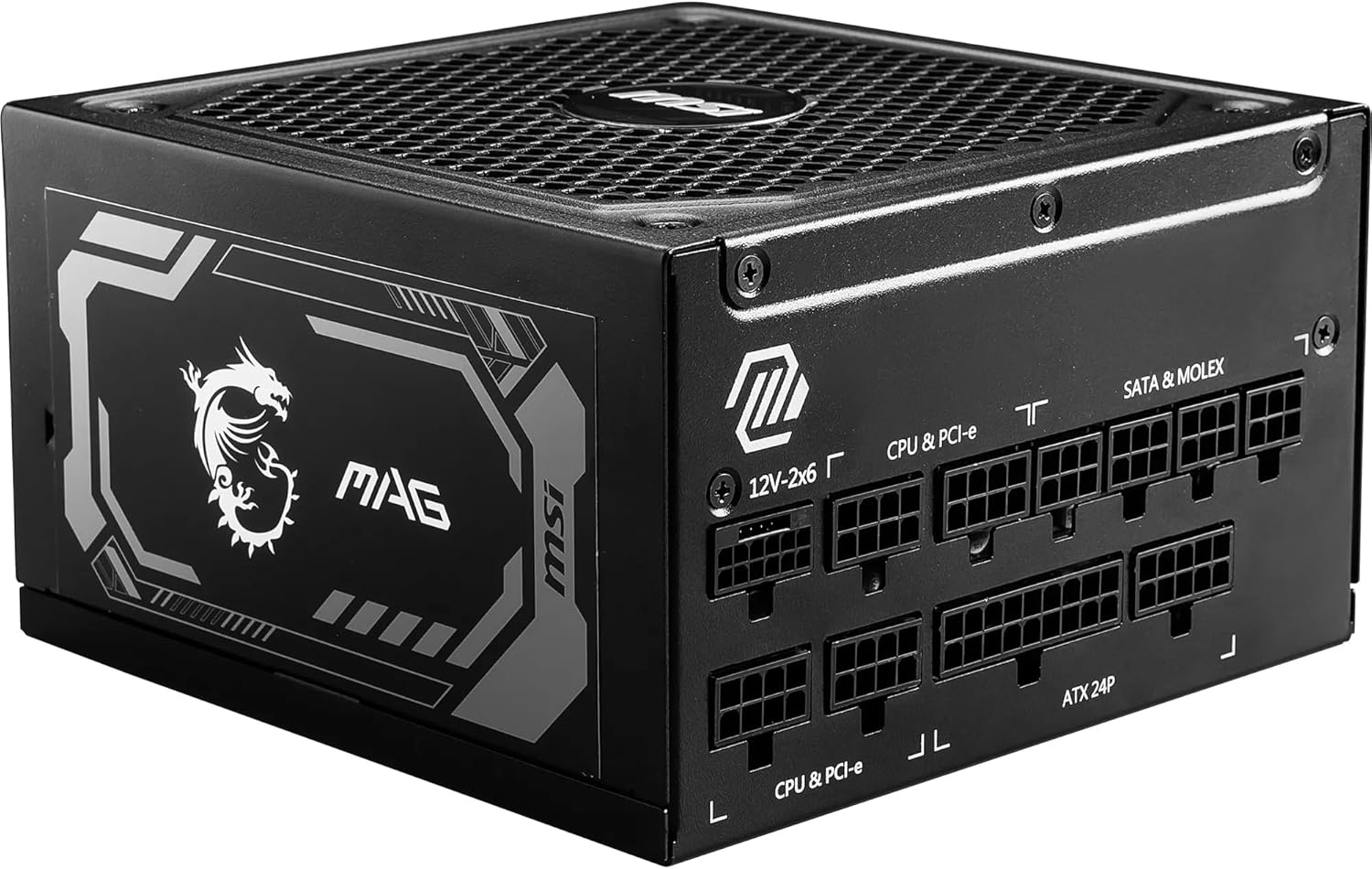 Fuente de alimentación negra con el logotipo de MSI. Muestra los puertos para CPU, PCI-e, SATA y ATX.