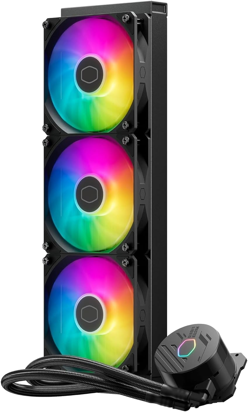 Un enfriador de computadora con tres ventiladores RGB y una base negra.