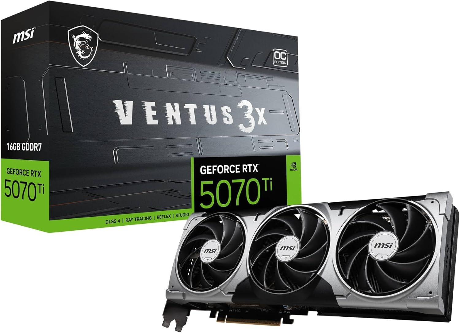 Caja y tarjeta de gráficos, negro y verde, con texto sobre GeForce RTX 5070 Ti y MSI.