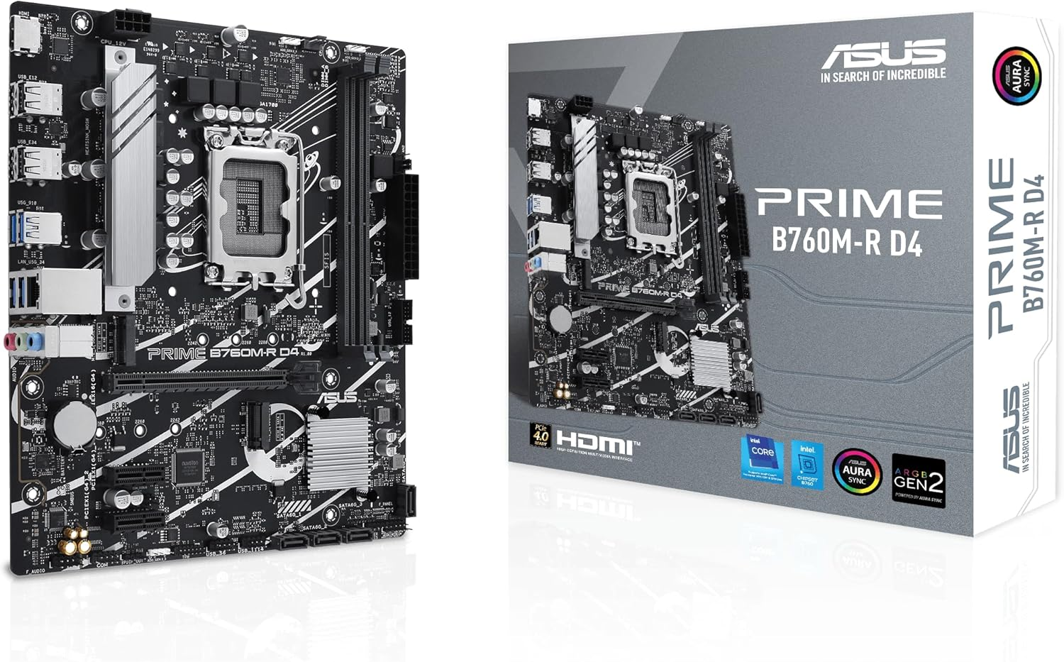 Placa base y caja: placa base negra con componentes y una caja con la imagen de la placa base y la marca.