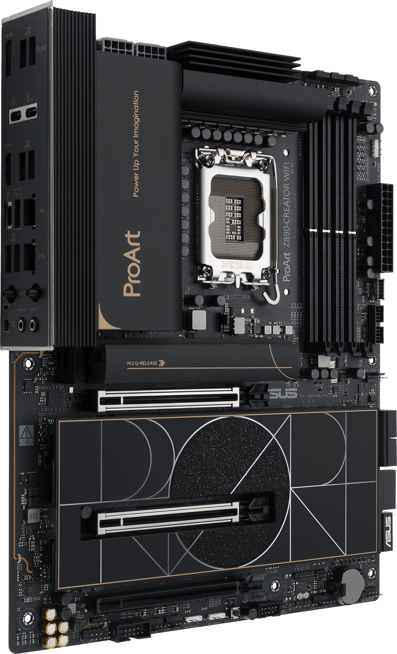 Une carte mère d'ordinateur noire et dorée, avec divers composants et un socket CPU proéminent.
