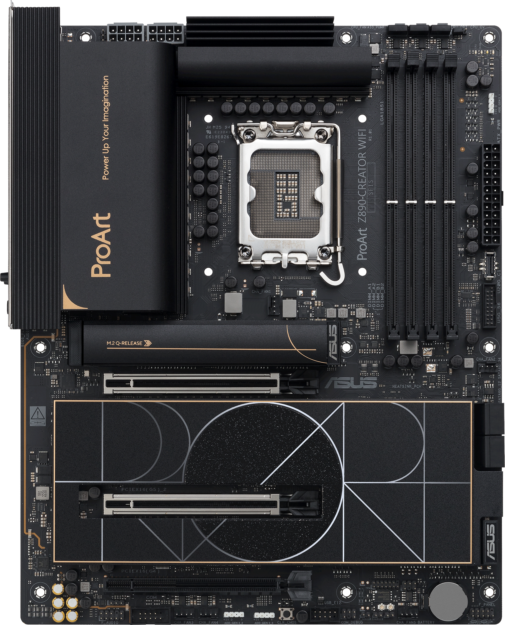 Carte mère noire avec des accents dorés, divers composants. Contient un socket CPU et des slots d'extension.
