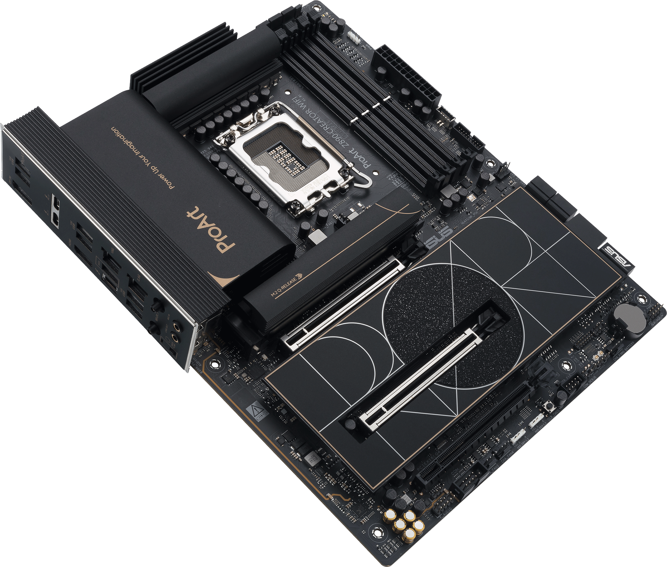 Carte mère, vue de dessus. Elle est noire avec divers composants, un socket processeur et le logo ASUS.
