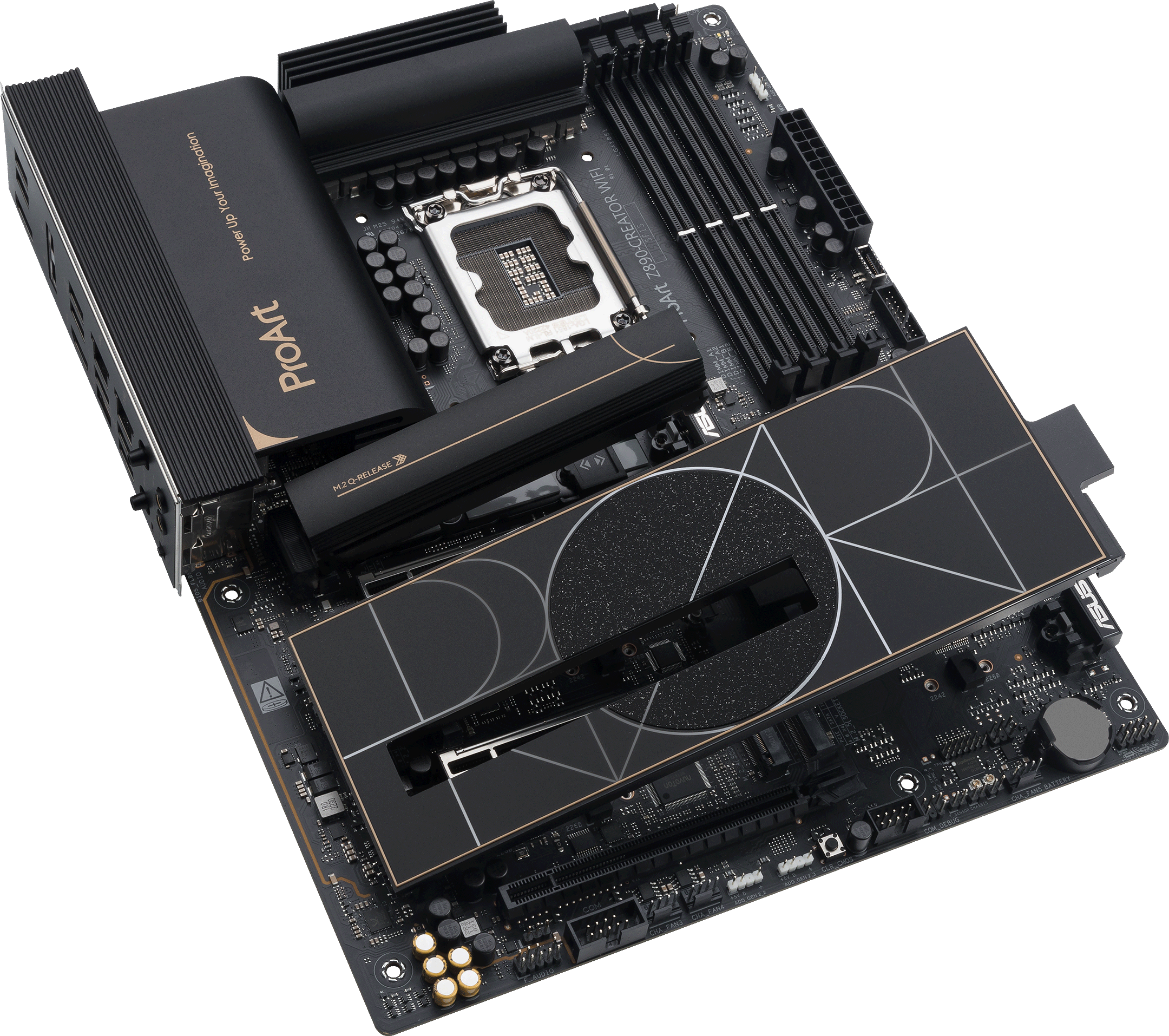Carte mère avec design noir et or. Contient socket CPU, slots d'extension et composants.