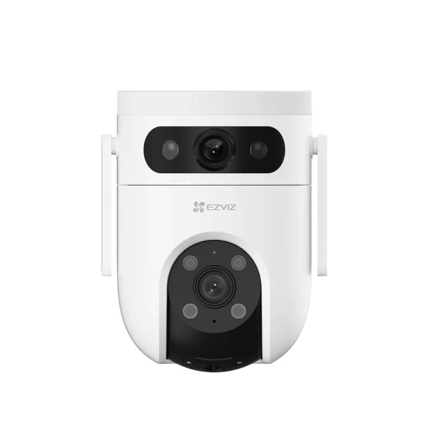 Cámara de seguridad blanca con dos lentes y el logo EZVIZ.