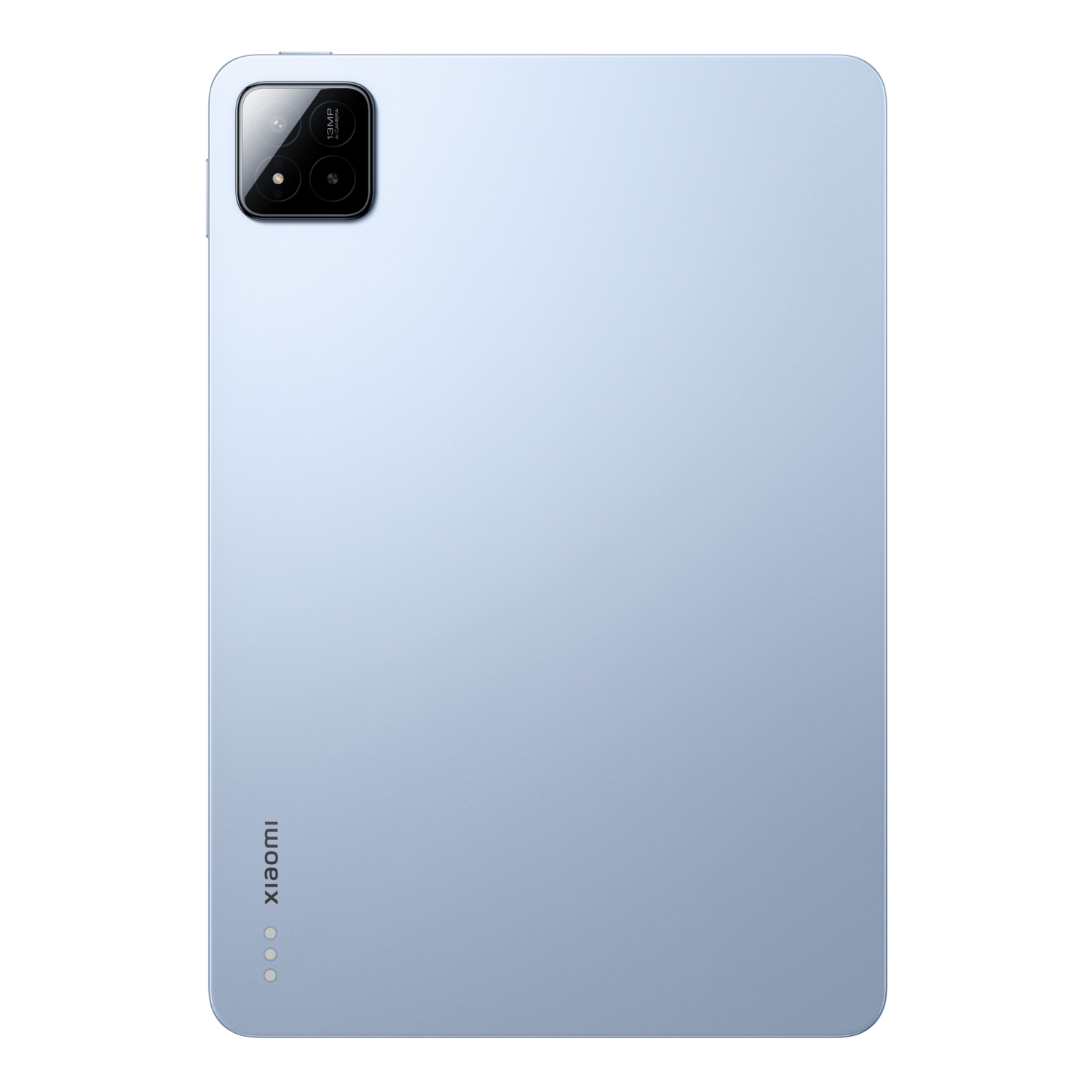 A light blue tablet. Xiaomi logo is visible on the bottom. A camera is on top.