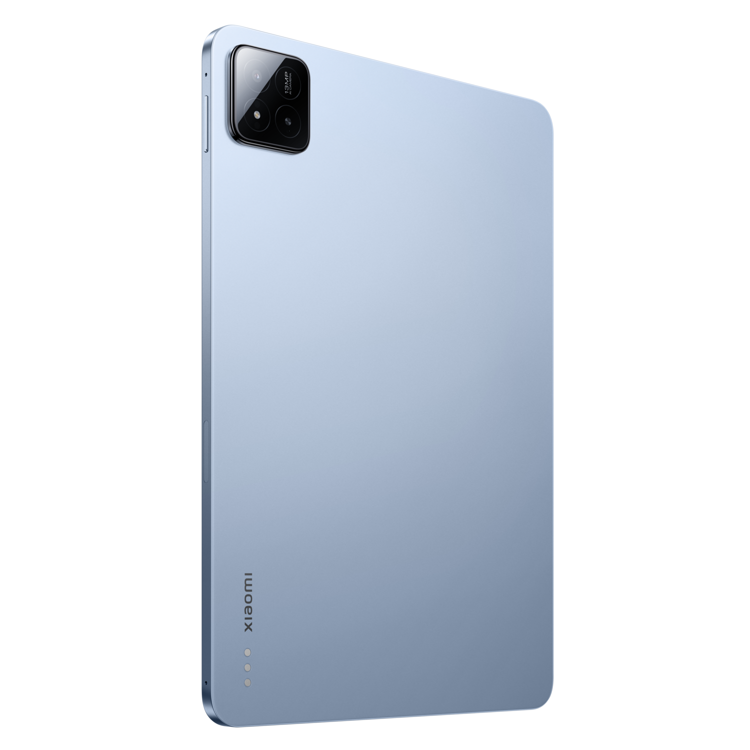 A light blue tablet computer. Back view. Black camera lens on the corner.