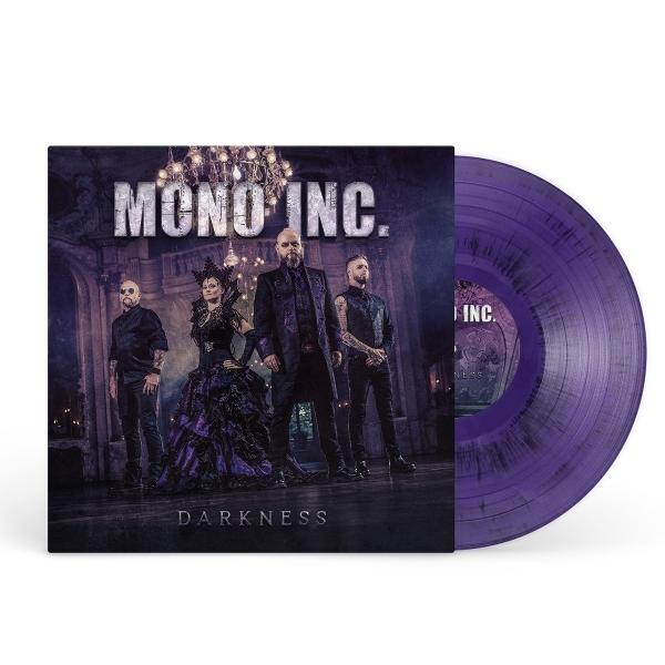 Eine Vinyl-Schallplatte und das Cover der Band Mono Inc. Das Album heißt Darkness.