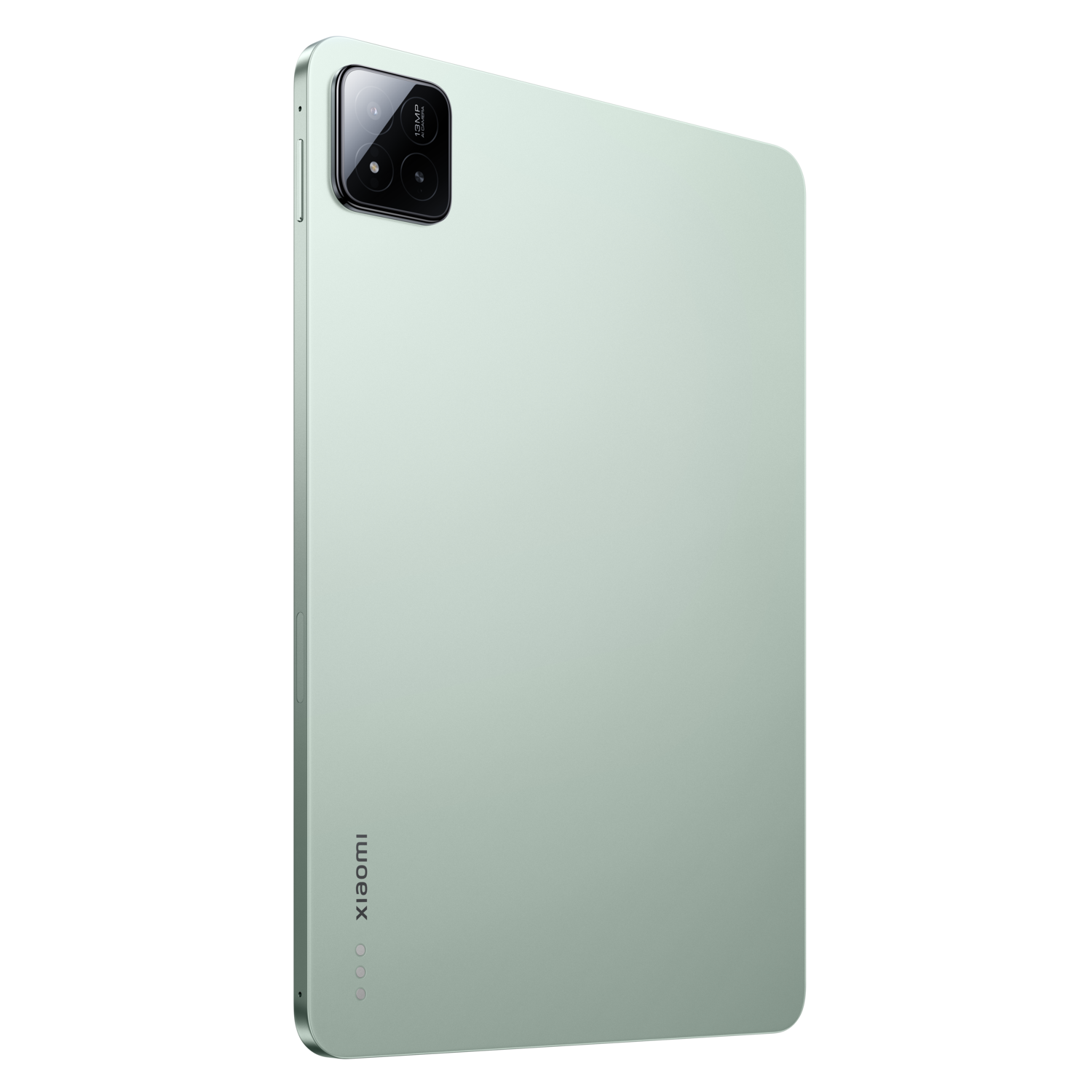 A mint green tablet with a black camera module on the back.