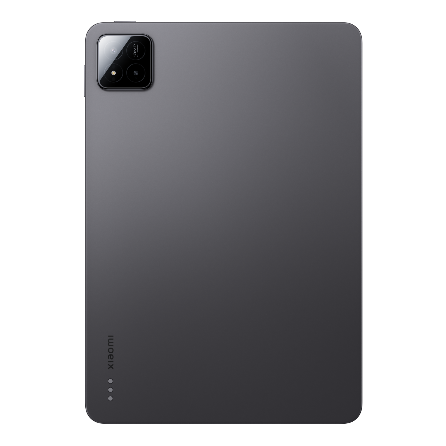 Een grijze tablet met een zwart cameramodule, zwarte achtergrond.