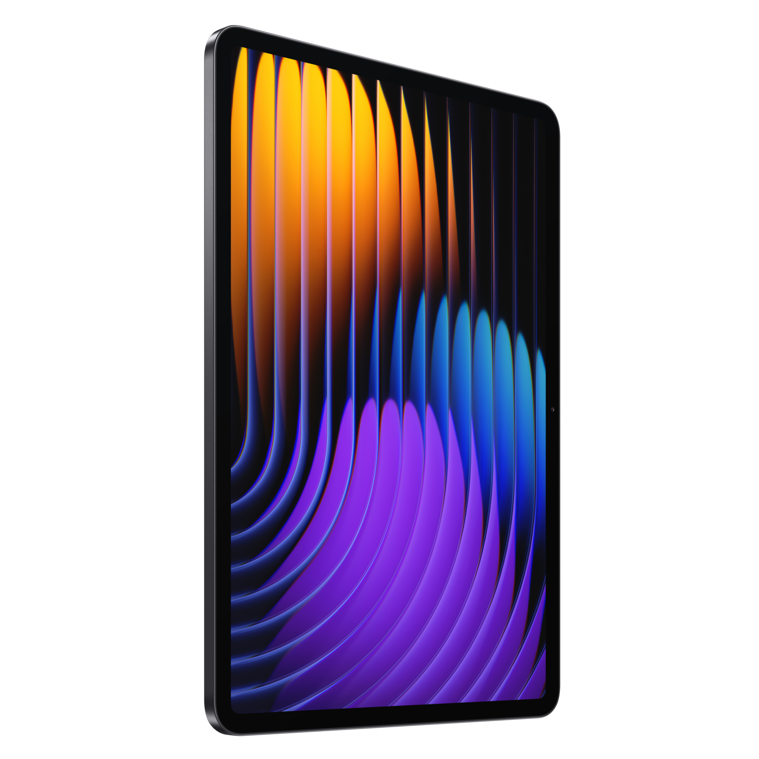 Een iPad met kleurrijk abstract behang. Zwarte rand en donkere achtergrond.