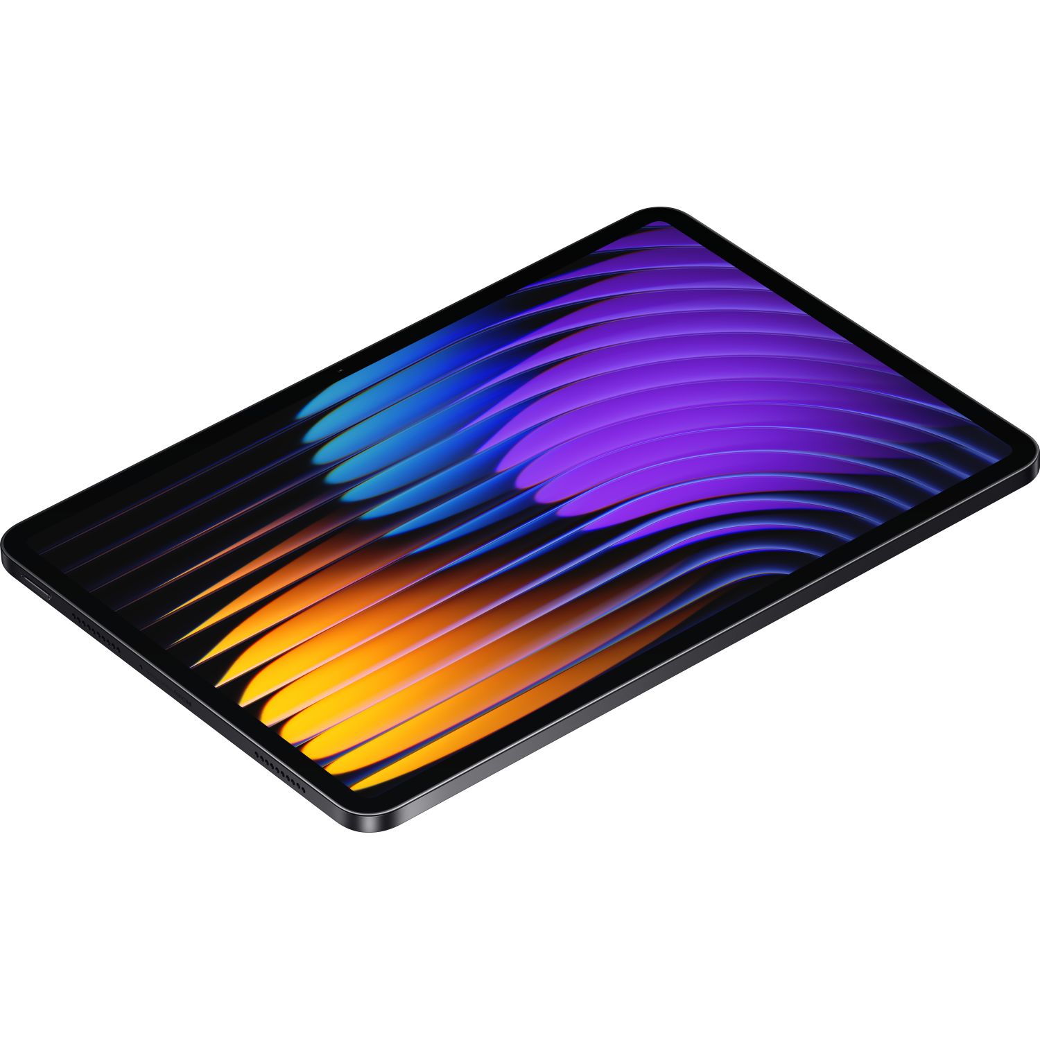 Tablet met een kleurrijke, abstracte afbeelding op een zwart oppervlak. Schuine weergave.