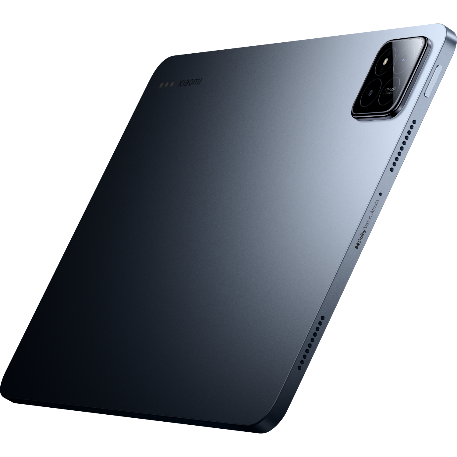 Blauwe tablet met meerdere camera's en Xiaomi-branding op een donkere achtergrond.