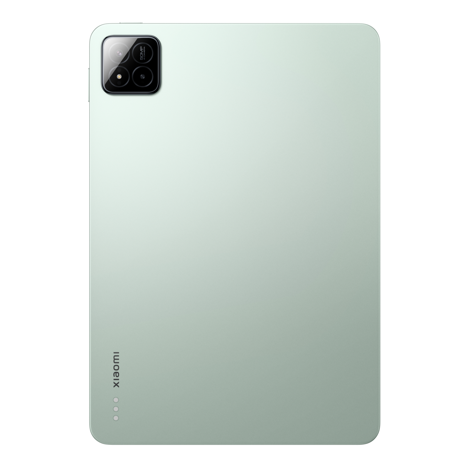Een tablet in lichtgroene kleur. De camera en de lens bevinden zich in de linkerbovenhoek.