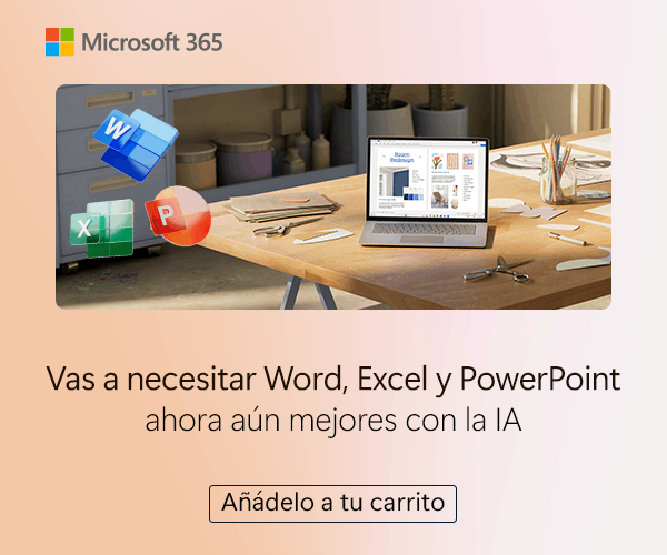 Anuncio de Microsoft 365 con Word, Excel y PowerPoint en un portátil. Iconos de aplicaciones y un botón 'Añadir al carrito'.