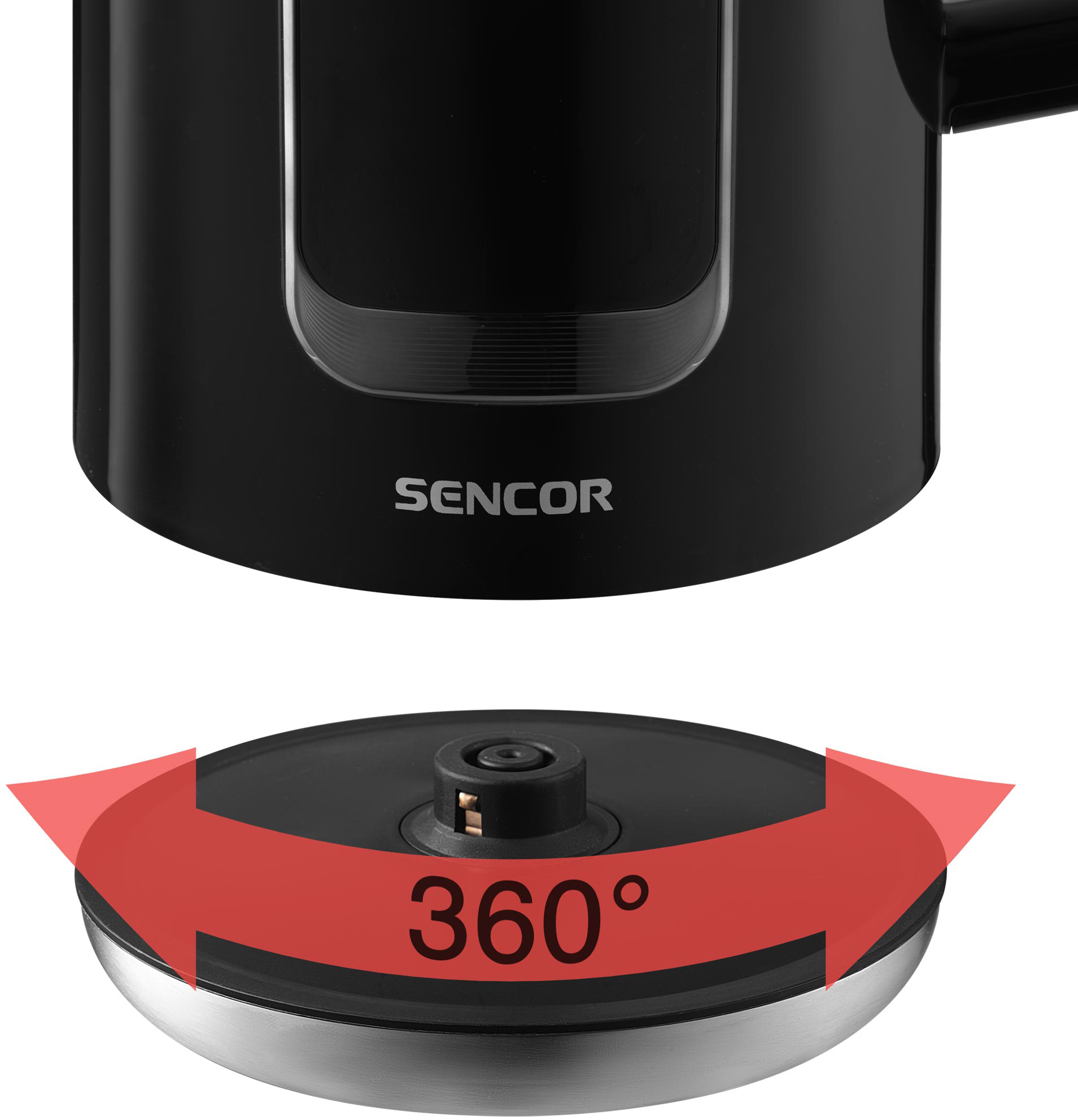 Fekete vízforraló talp 360 fokos forgó nyíllal és szöveggel.