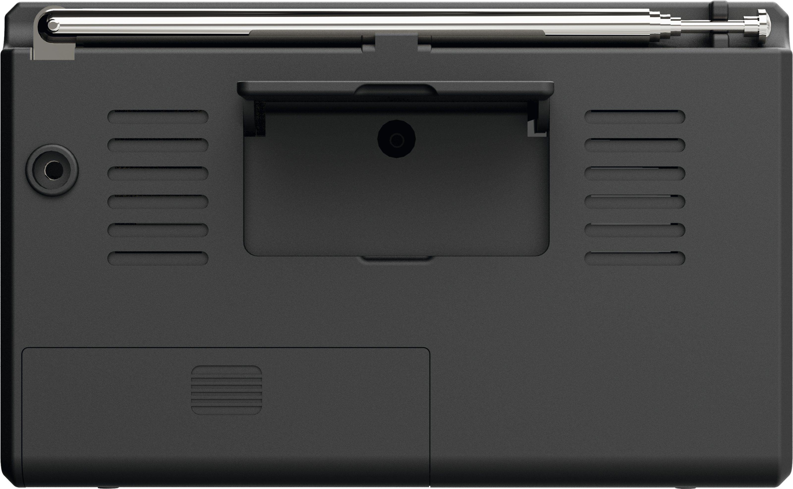 Czarne radio ze srebrną anteną, otwartymi drzwiczkami na baterie i różnymi portami wejścia/wyjścia.